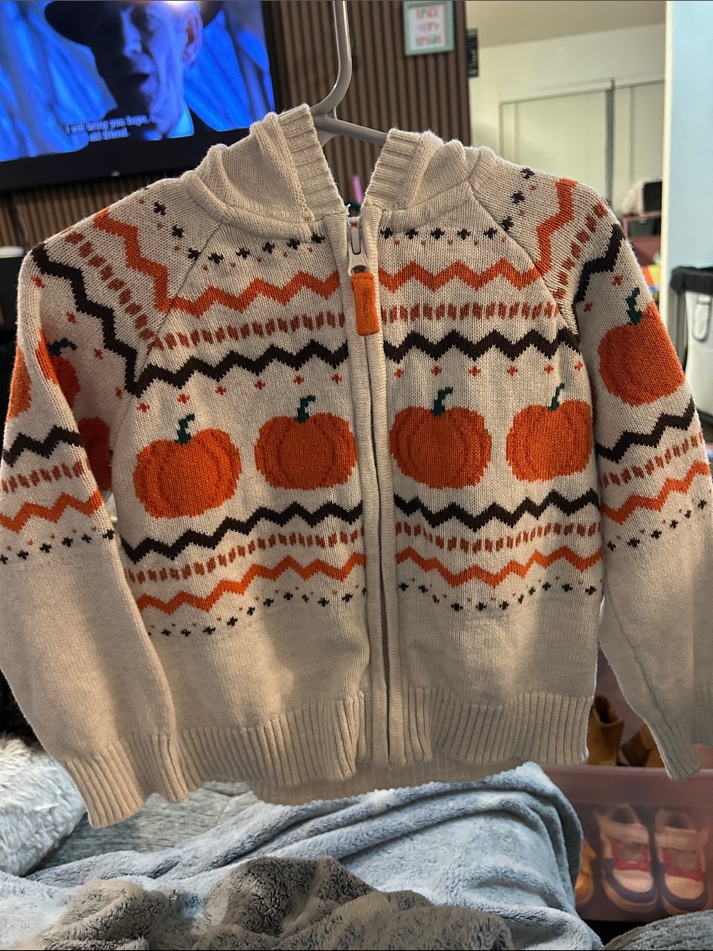 Gymboree Cream Zip-Up Sweater with Orange Pumpkin Motif
